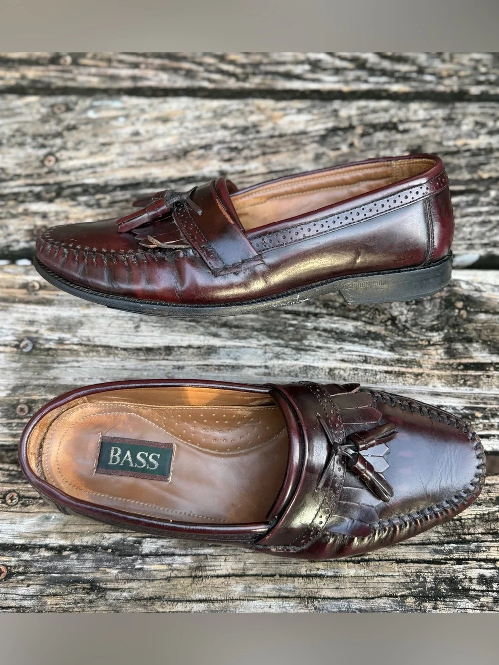 Vintage Bass Nelson Sz 10D Burgundy Leather Tassel Kiltie Loafers with Fringe P4